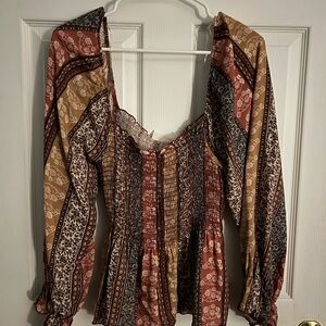 Rustic Patchwork Long Sleeve Blouse